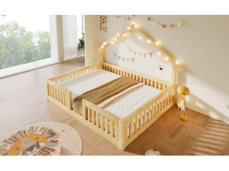 Lit cabane 140x200 cm, structure en bois, coloris naturel, éclairage led, ports usb et usb-c, garde-corps, design cabane, design contemporain - Conforama E