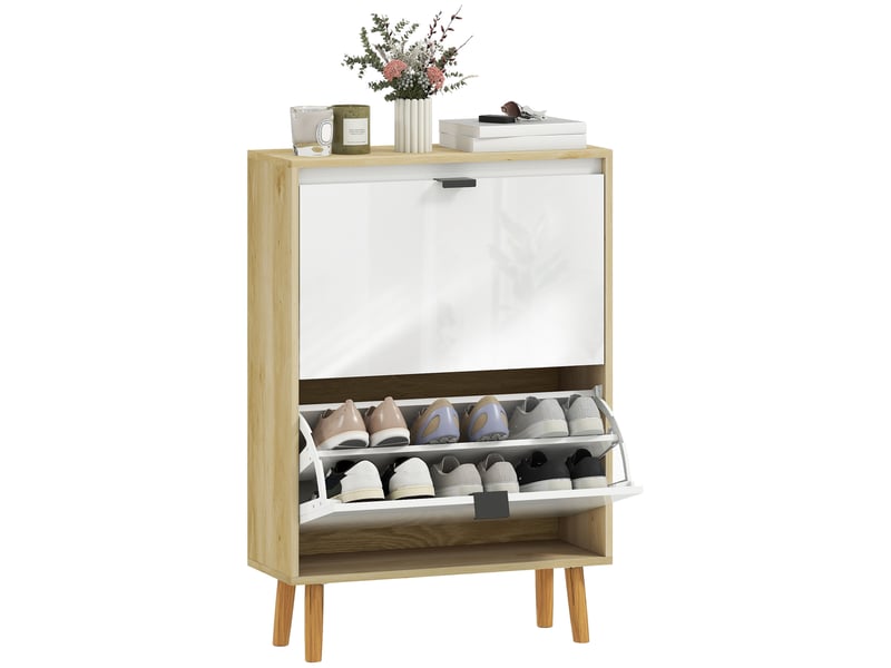  Meuble à chaussures, armoire à chaussures étroite, 2 tiroirs rabattables, portes haute brillante, 60x24x91cm, blanc  - Conforama A