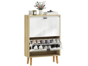 Meuble à chaussures, armoire à chaussures étroite, 2 tiroirs rabattables, portes haute brillante, 60x24x91cm, blanc