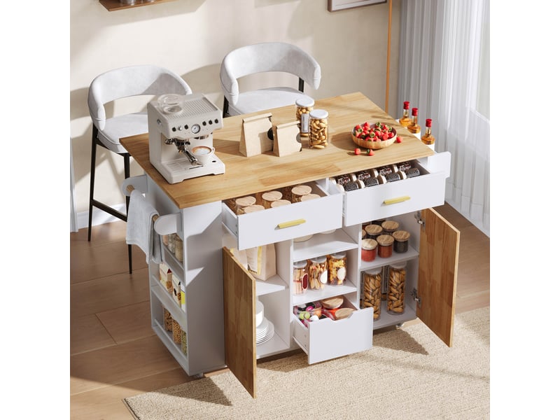  Îlot de cuisine mobile avec plan de travail rabattable, chariot de cuisine en mdf avec 3 grands tiroirs et roulettes verrouillables, 120x71x90cm  - Conforama W