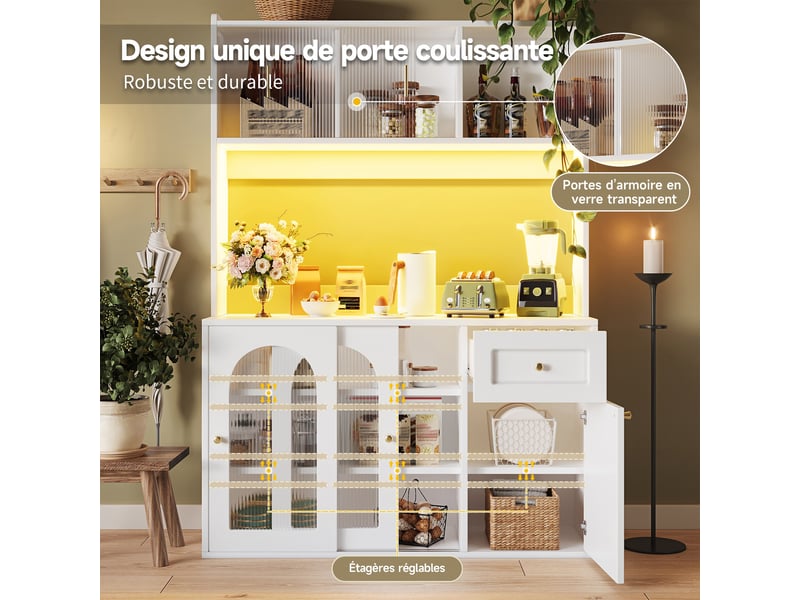  Buffet de cuisine avec 4 portes vitrées coulissantes, 1 tiroirs, étagères réglables et éclairage led - 120×35×167 cm - blanc  - Conforama D