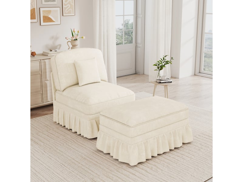  Fauteuil avec pouf, dossier segmenté et housse à volants amovible  - pieds fuseau, chenille blanc  - Conforama B