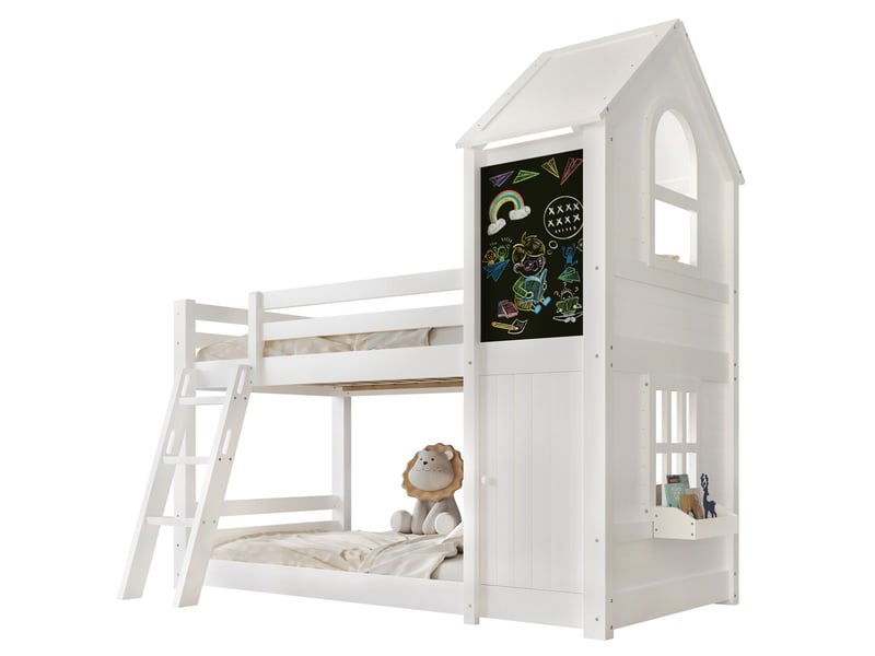 Modenvie lit superposé enfant 90x200 cm - avec tableau, fenêtres et toit, sans matelas - blanc - Conforama A