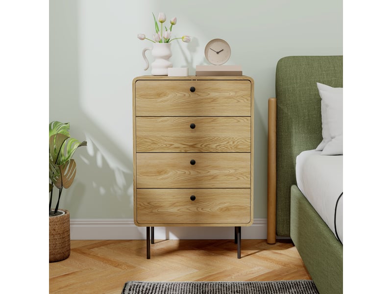  Commode 4 tiroirs, meuble de rangement étroit avec pieds en acier, coins arrondis, 60 x 39 x 91,5 cm, chêne  - Conforama D