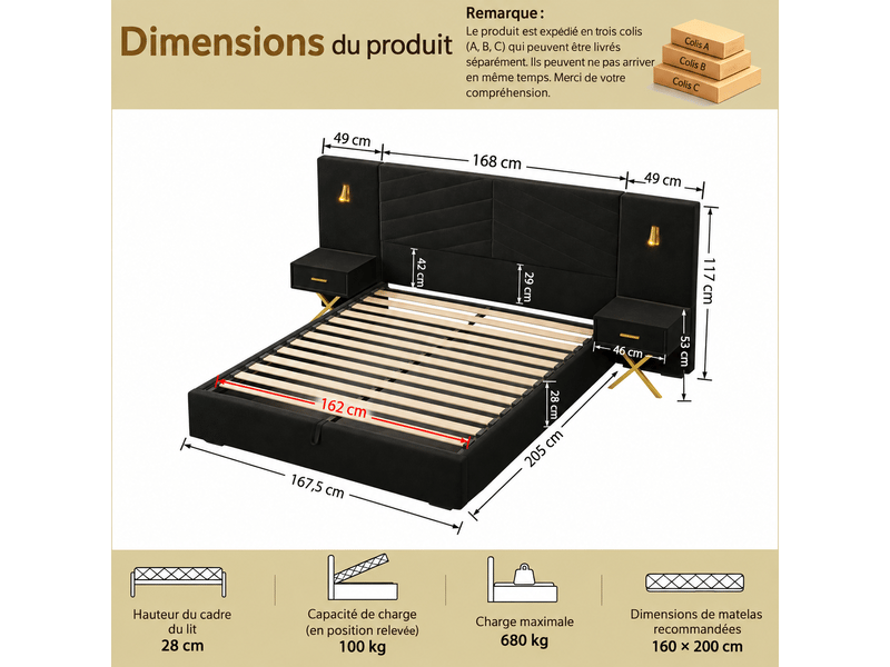  Lit-coffre réglable velours 266x205x117 cm avec rangement, cadre vertical quilté, 2 bancs et 2 lampes led latérales  - Conforama C