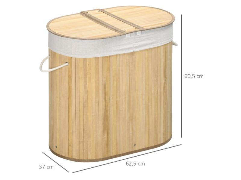  Panier à linge bambou naturel avec couvercle et 2 compartiments, sacs amovibles pour tri du linge  - Conforama C