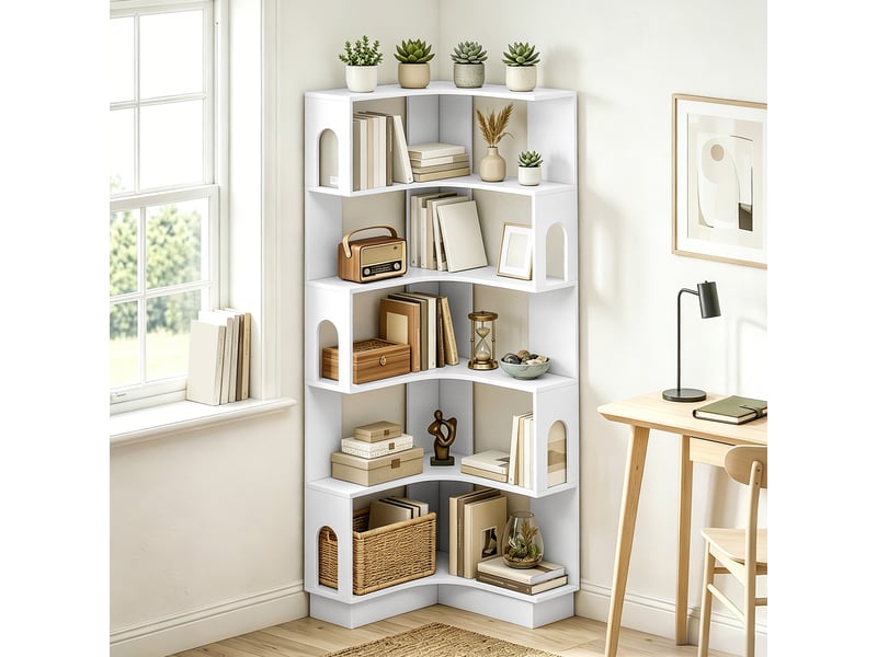  Bibliothèque d'angle, étagère de rangement à 6 niveaux avec panneaux latéraux arqués, 60 x 60 x 165,5 cm, blanc  - Conforama C