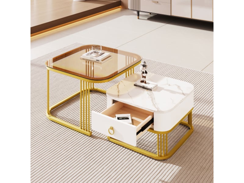  Table basse empilable en duo – plateau verre brun-taupe, effet marbre brillant, accents dorés, tiroirs – set de 2  - Conforama D