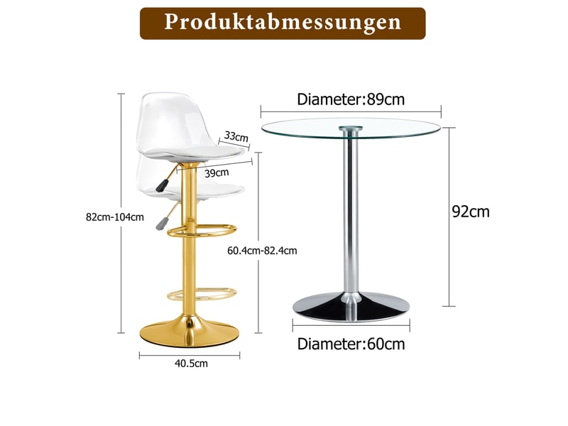  Ensemble bar 89 cm en verre avec 2 tabourets réglables pivotants, transparent  - Conforama C