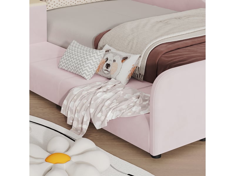  Lit combiné enfant 90x200 cm en velours, lit simple avec bureau, tabouret et étagère, sans matelas, rose  - Conforama E