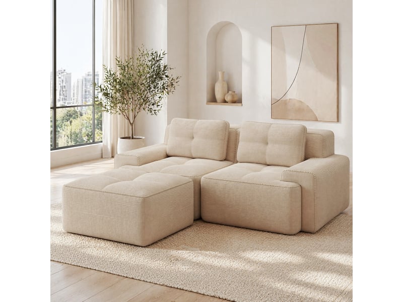 Canapé d'angle modulable ulevr 2 places avec ottomane, assise profonde 74 cm, velours côtelé beige, 204 x 177 cm - Conforama E