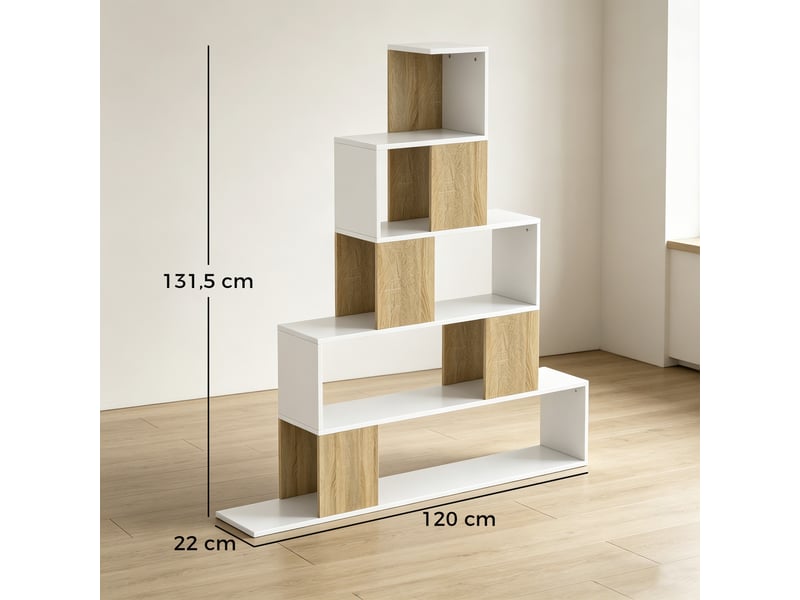  Étagère de rangement, bibliothèque géométrique à 5 niveaux, pour bureau, salon, chambre, blanc et bois naturel  - Conforama E