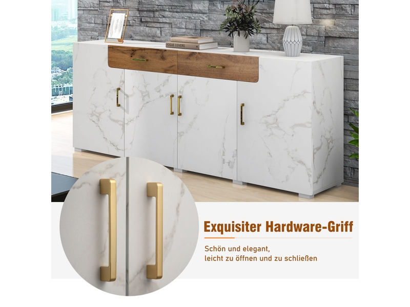 Buffet de cuisine blanc 208x39,5x80 cm, meuble rangement avec 4 portes et 2 tiroirs, structure panneaux de particules  - Conforama W