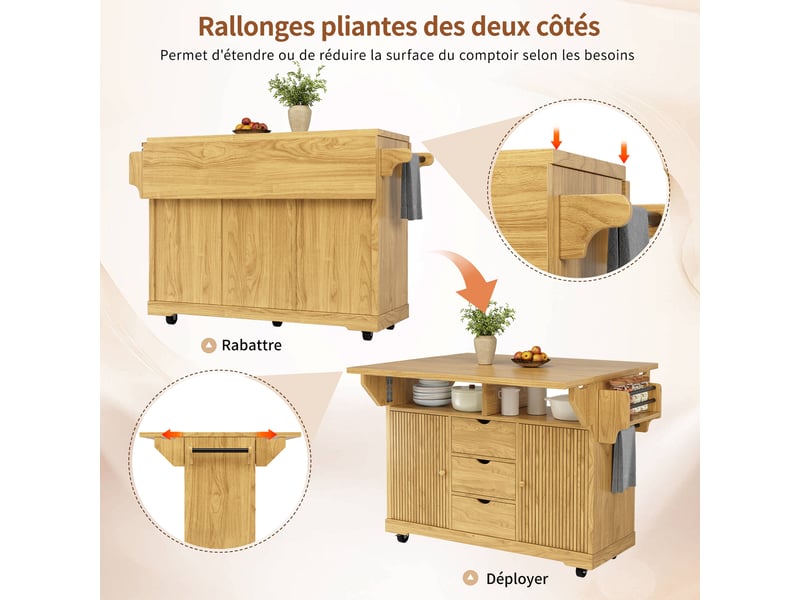 Desserte de cuisine,142.5x80x95 cm,3 tiroirs,mdf,marron naturel - Conforama E