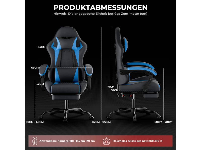  Chaise de bureau gaming ergonomique inclinable 135° avec repose-pieds - lpospi - pvc noir et bleu  - Conforama D