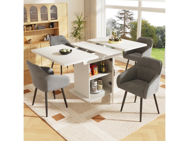  Table extensible avec 3 étagères et portes en verre pour cuisine 110-140×80×76 cm blanche  - Conforama D