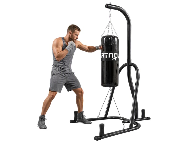  Support pour sac de frappe, support autoportant avec sac de frappe, cordon élastique, chaîne 360°, base en u, porte-disques, acier  - Conforama B
