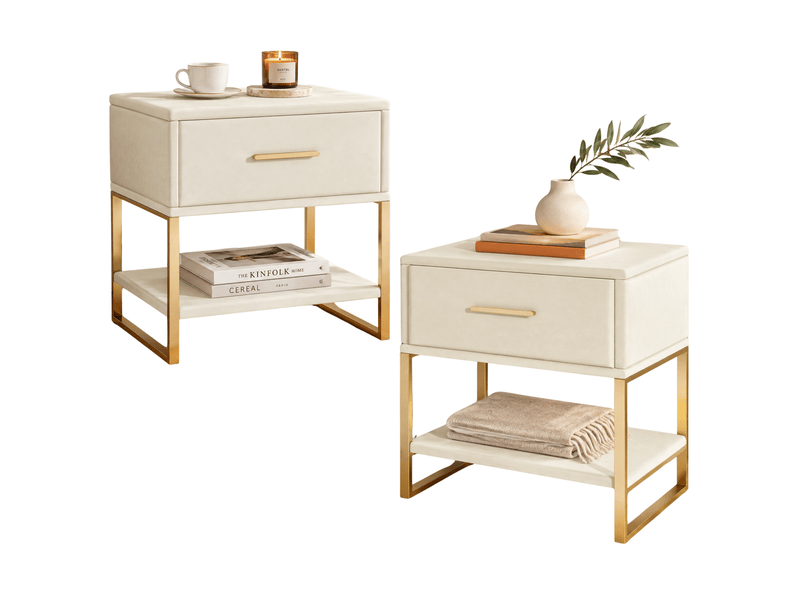 Lot de 2 tables de chevet en velours, table de nuit rembourrée avec 1 tiroir - étagère ouverte - pieds et poignée en métal doré, table d'appoint style moderne chic pour chambre à coucher, beige  - Conforama A
