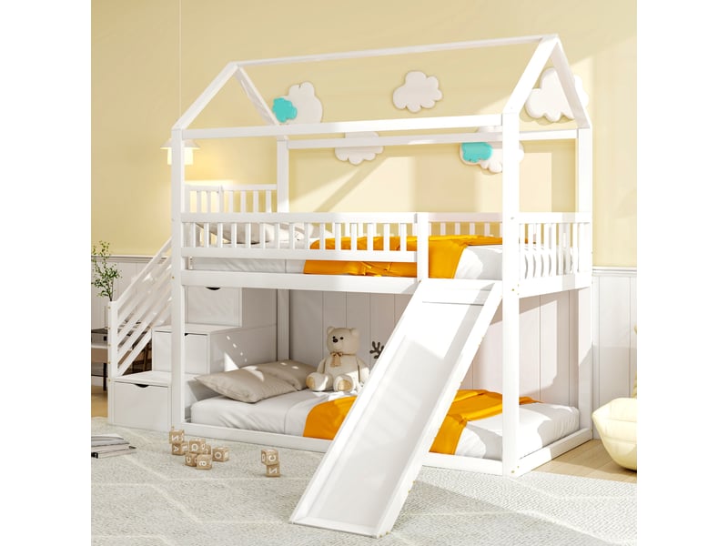  Lit mezzanine enfant 200×90 cm avec toboggan et escalier de rangement, sommier à lattes, en bois blanc  - Conforama C