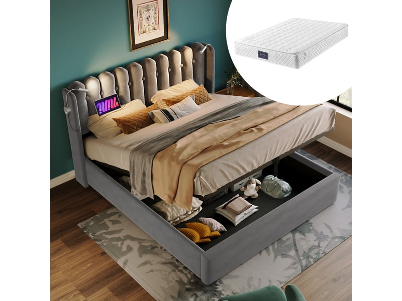  Lit coffre,160x200 cm,avec led et usb,velours,gris  - Conforama B