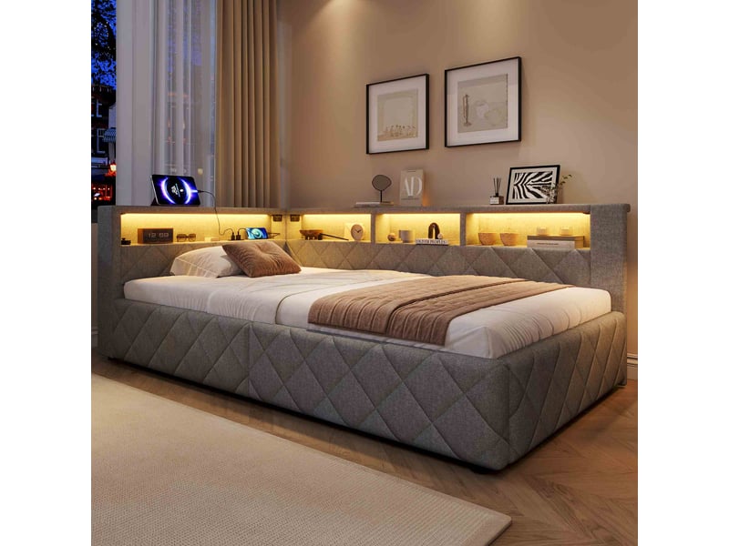Lit banquette coffre 90x200 cm en lin avec rangement hydraulique, éclairage led, usb, tête de lit avec étagères, lit simple rembourré - gris - Conforama E