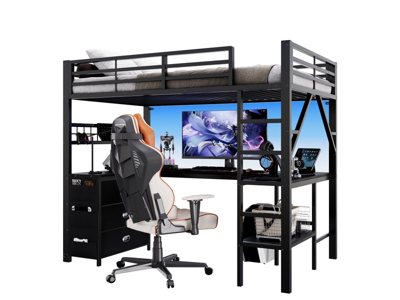  Lit mezzanine enfant 90 × 200 cm 1 place avec bureau, 3 tiroirs et led réglable, sans matelas, métal et mdf noir  - Conforama A