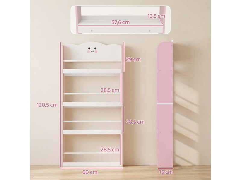  Bibliothèque pour enfant, rangement livre enfant 4 niveaux en thème barbe à papa, 60x12x108cm, rose  - Conforama D