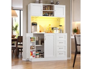 Buffet de cuisine avec led intégrée, 4 portes, 2 grands tiroirs et porte-boissons, en mdf blanc, 120 × 40 × 188 cm