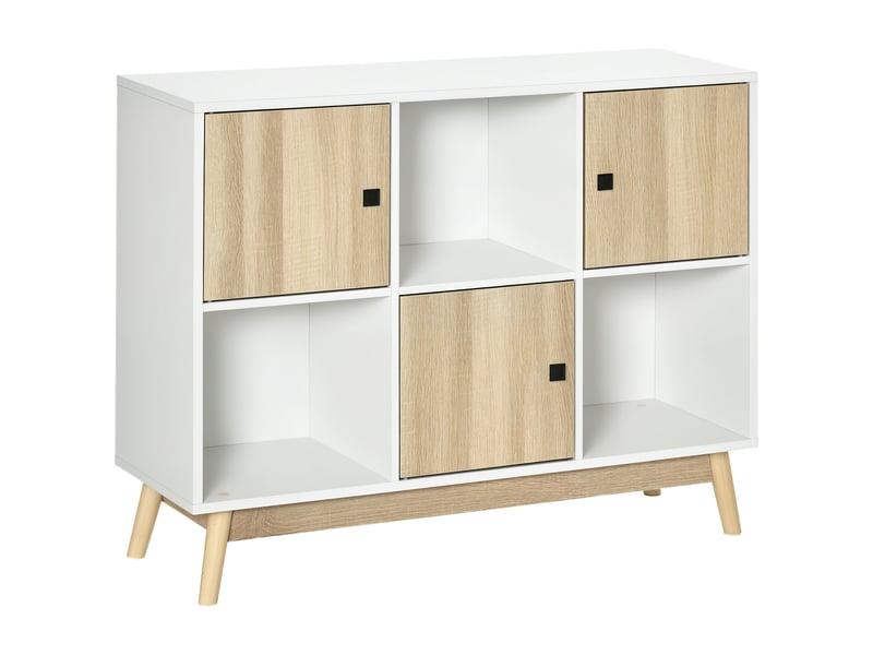  Buffet salon, meuble de rangement 9 cubes avec 3 portes et 3 compartiments ouverts, pieds en bois de pin, style moderne, buffet salle à manger, 96x30x75cm, cuisine, blanc et naturel  - Conforama B