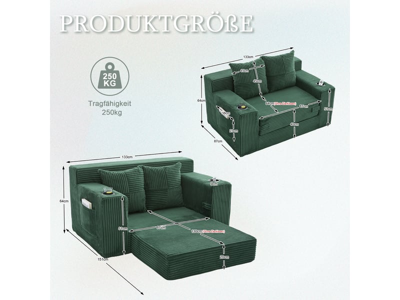  Canapé-lit deux places avec deux coussins et un porte-gobelet - vert  - Conforama C