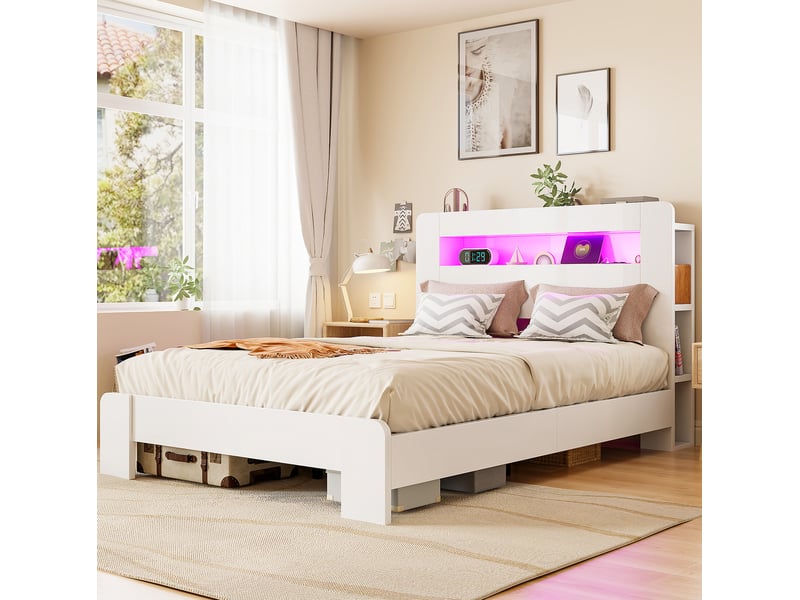 Lit 140 x 200 cm blanc avec rangement tête de lit, led et prises intégrées  - Conforama B