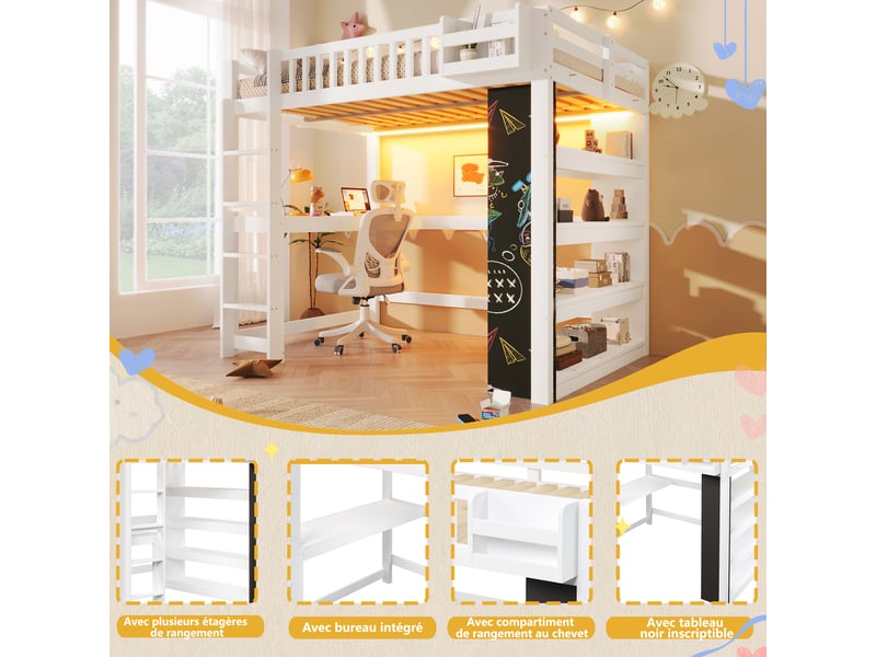  Lit mezzanine, 140 × 200 cm, blanc, bois de pin, rangement intégré, sans matelas, étagères de rangement, bureau intégré  - Conforama C