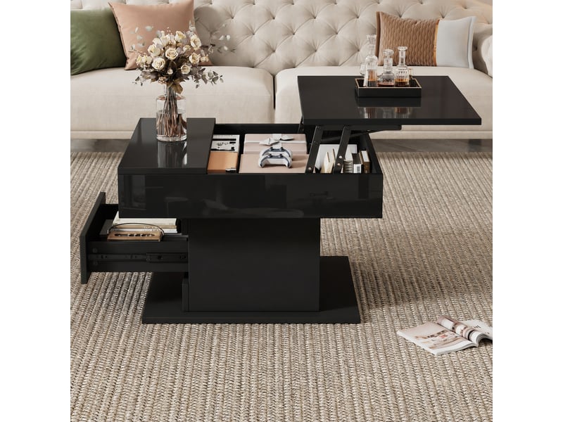  Table basse carrée noire relevable 70 x 70 cm, plateau rotatif 360°, rangement caché, noir  - Conforama C