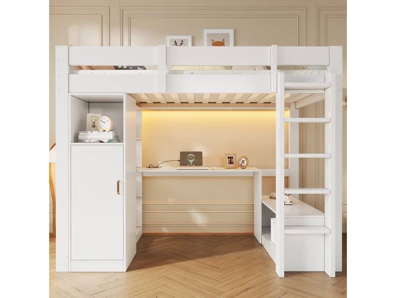  Lit mezzanine modenvie 90 x 200 cm avec armoire, bureau, étagères, led, usb et rangements blanc  - Conforama E