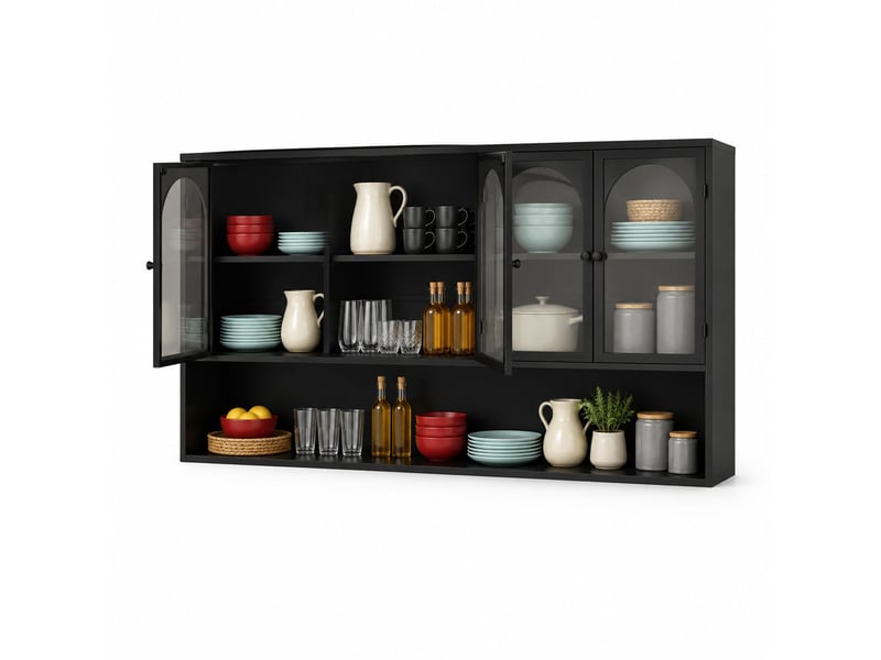  Armoire murale avec 4 portes en verre gris, rangement suspendu pour cuisine et salon, métal noir, 120×23×70 cm  - Conforama A
