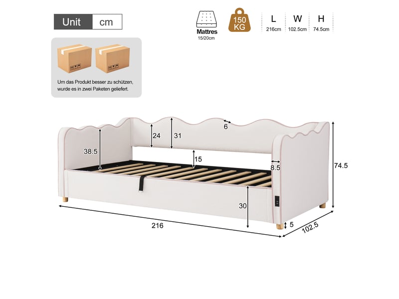  Lit banquette coffre 90x200 cm en bouclé beige lit enfant simple avec usb et type-c  - Conforama C