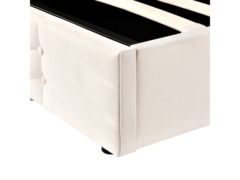  Lit 140x190 cm rembourré avec tête de lit réglable, velours beige, sommier à lattes, design capitonné  - Conforama E