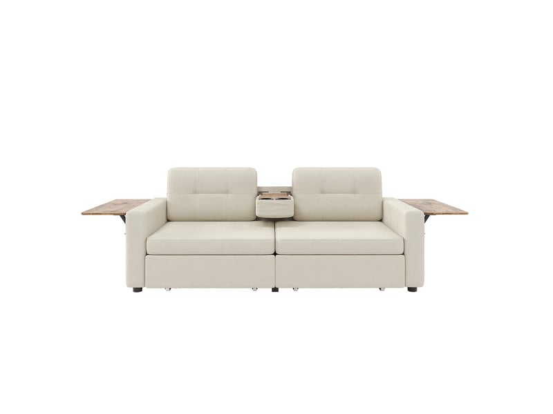  Canapé 2 places avec 2 tiroirs et tables réglables 178x71x57.5 cm beige  - Conforama D