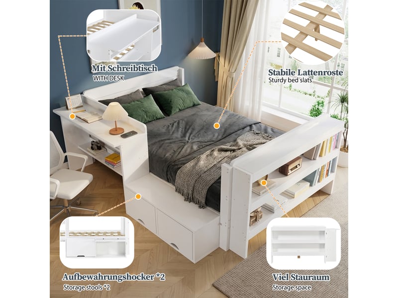 Lit simple 120 x 200 cm avec bureau et rangements, coffre rabattable, étagère ouverte au pied et module latéral réversible, structure bois, blanc, pour usage quotidien à la maison OPULERANE TRADING LTD - Conforama D