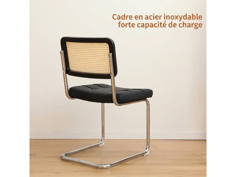 Lot de 4 chaises de salle à manger, chaises luge avec pieds chromés et dossier en rotin, style moderne - Conforama D