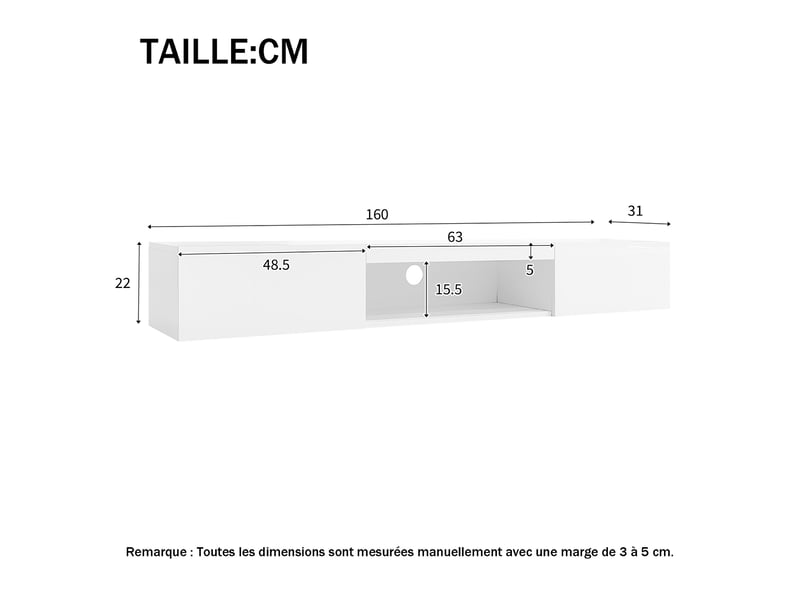  Meuble tv mural blanc brillant avec led bluetooth – 160 x 31 x 22 cm – jusqu’à 70 pouces  - Conforama D