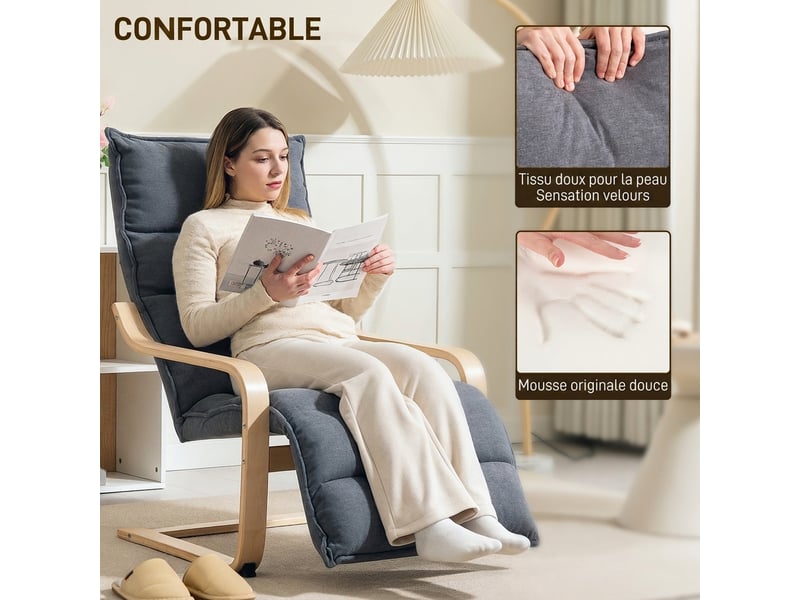  Fauteuil salon, fauteuil d'appoint rembourré en velours, repose-pieds réglable, 67x93x105cm, structure acier, gris foncé  - Conforama D