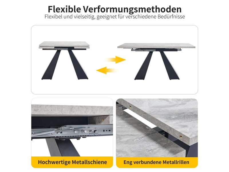  Table extensible avec plateau large coulissant et pieds en métal, pour salle à manger, mdf effet marbre noir et gris  - Conforama E