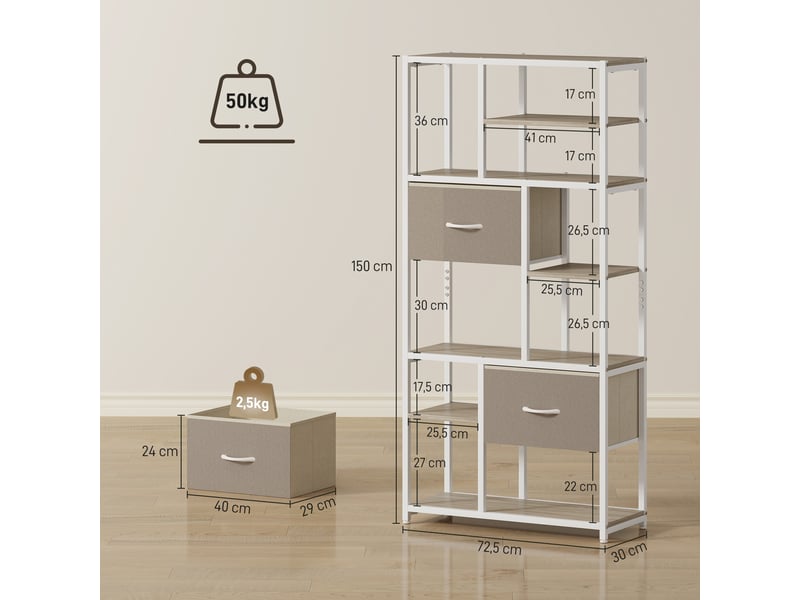 Étagère de rangement 6 niveaux, bibliothèque avec 2 tiroirs en tissu, 9 étagères ouvertes, 72,5 x 30 x 150 cm, blanc - Conforama E