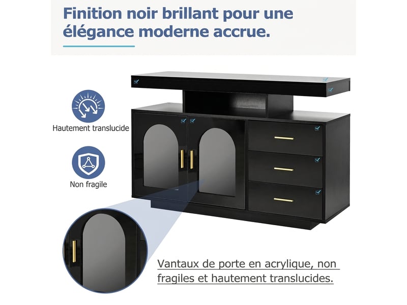  Buffet noir brillant 120 cm avec led rgb - meuble de rangement salon et cuisine  - Conforama R