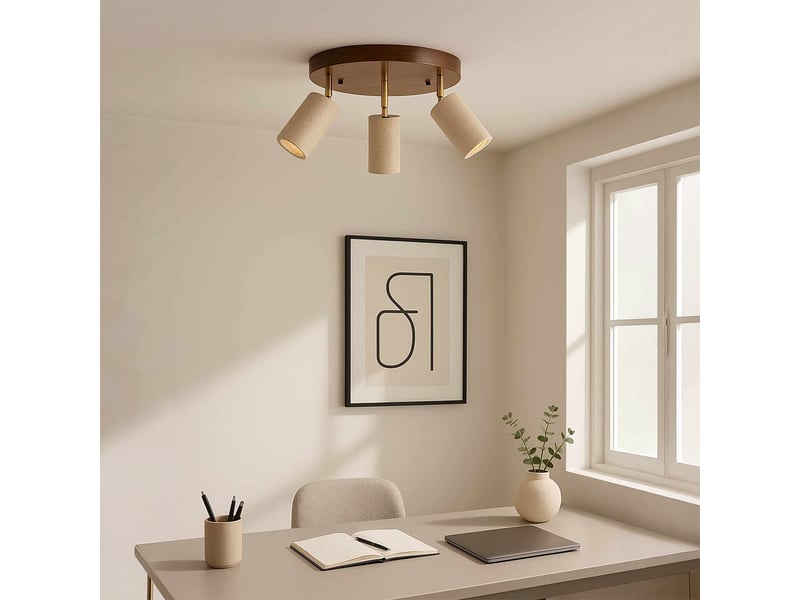  Luminaire rond avec 3 spots orientables en travertin et effet bois iris  - Conforama D