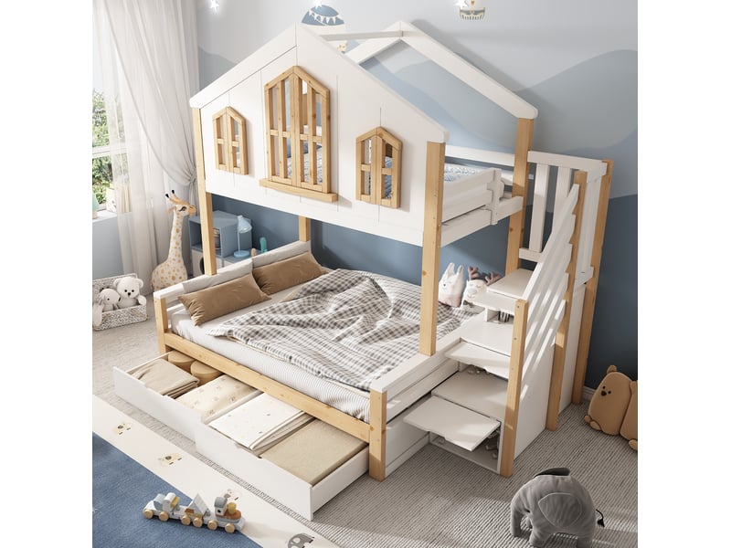  Lit superposé maison 90x200 et 140x200 cm avec rangements blanc et bois naturel  - Conforama B
