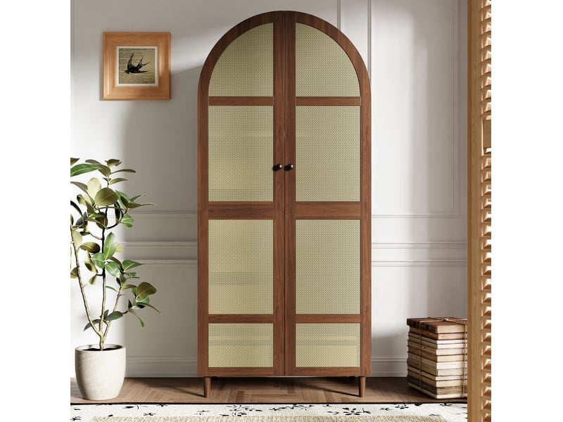  Armoire tcqpz 80 x 50 x 179 cm avec portes cintrées, penderie, étagères et tiroirs, panneaux de particules mdf et rotin, finition noyer  - Conforama B