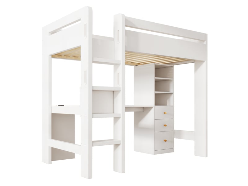 Lit mezzanine enfant 90x200cm avec bureau en l, tiroirs, étagère, port usb type-c, sommier, bois blanc, sans matelas - Conforama A