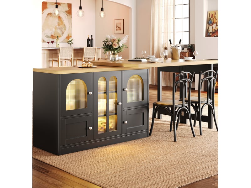 Buffet extensible en table 120-197 cm avec led rgb et plateau pivotant, mdf noir - Conforama C